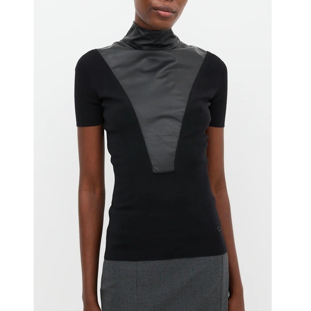 Gucci Short Sleeve Mock Neck Leather Wool Knit Top Blouse Black Women's Size M